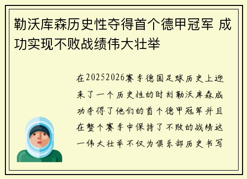 勒沃库森历史性夺得首个德甲冠军 成功实现不败战绩伟大壮举